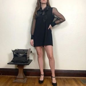 Zara black short mini dress with long organza sleeves and pussycat bow size L